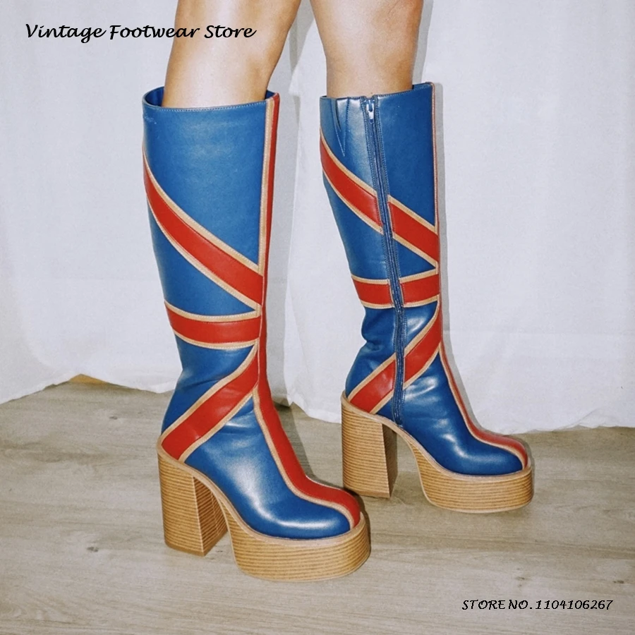 Women'S Fashion Leather Boots - خليط الجلود منصة الركبة الأحذية النمط