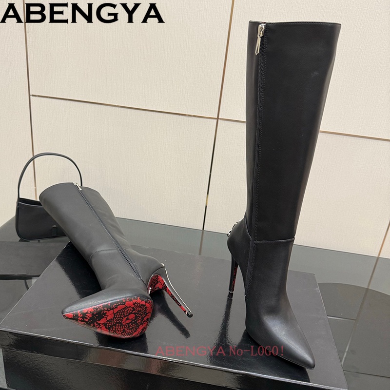 Women'S Fashion Leather Boots - مثير جلد أسود حذاء برقبة للركبة