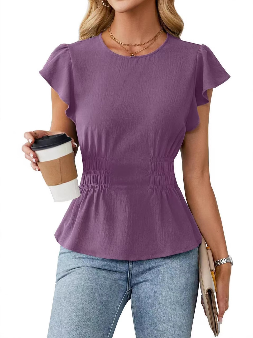 Women'S Fashion Tops - بلوزة نسائية بأكمام قصيرة مكشكشة وياقة
