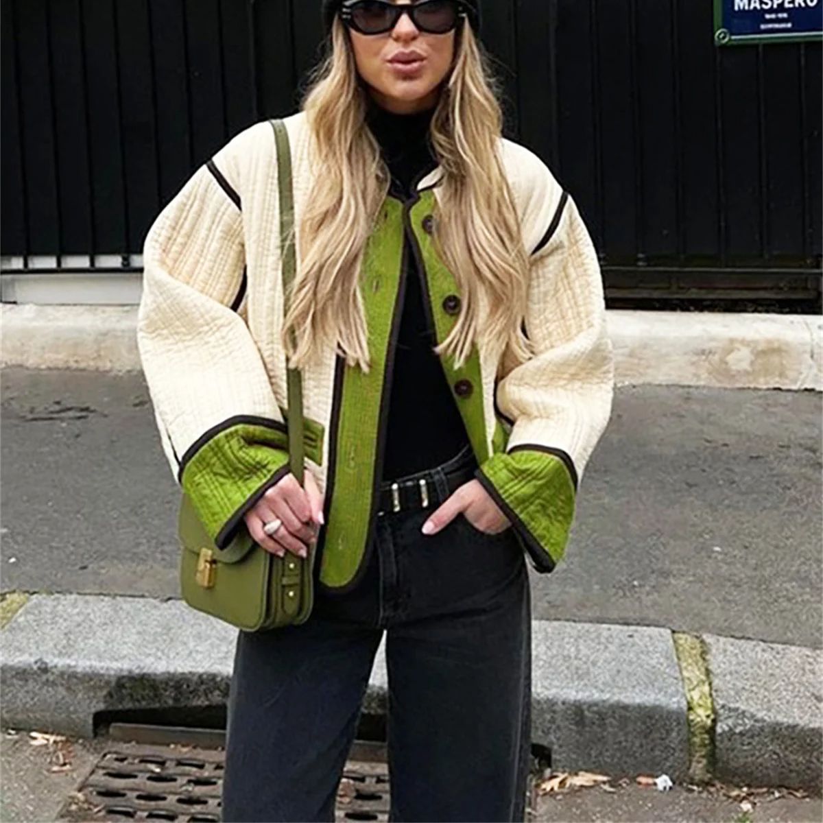Women'S Fashion Quilted Jacket - معطف مبطن للخريف والشتاء للنساء فضفاض